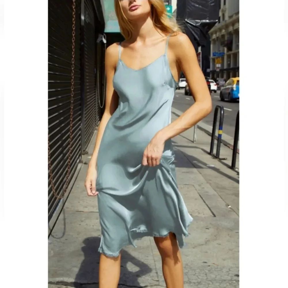 NATION LTD Sofia Bias Cut Slip Dress Fringe Hem Satin Olive Green Size S